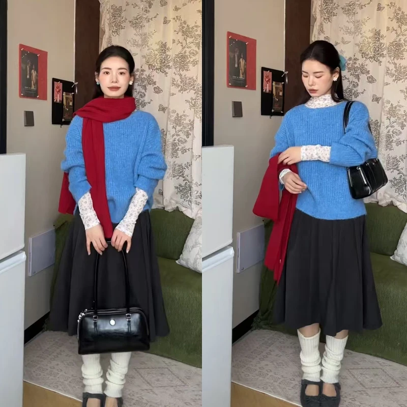 2025时尚穿搭一整套女新款韩版碎花打底圆领针织毛衣半身裙三件套