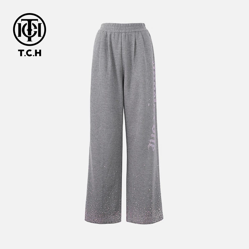 TCH私服烫钻工艺字母气质宽松灰色直筒长裤女T72C20E5047轻奢tch