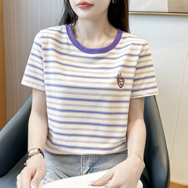 欧货条纹短袖t恤女2025新款夏季撞色时尚设计感百搭半袖体恤上衣