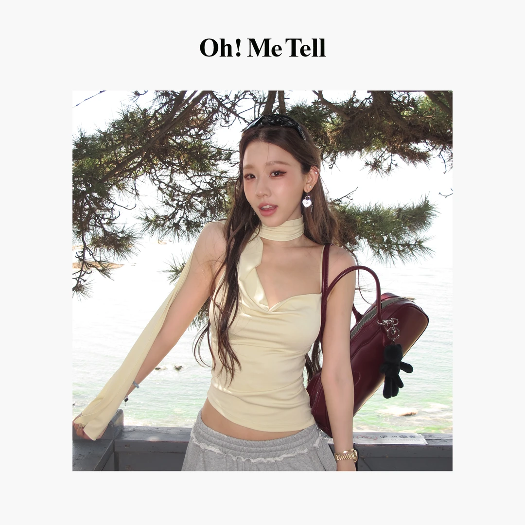 Oh！Me Tell【jennie金智妮同款】挂脖飘带斜肩荡领不对称吊带背心女