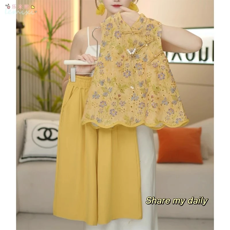 女童无袖中国风阔腿裤套装2025夏季中大童新中式背心提花盘扣裙裤