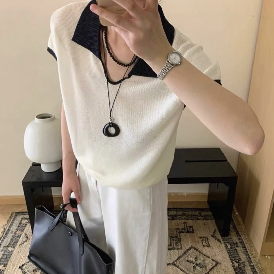 POLO领撞色短款宽松韩系时尚休闲针织上衣女新款百搭小衫