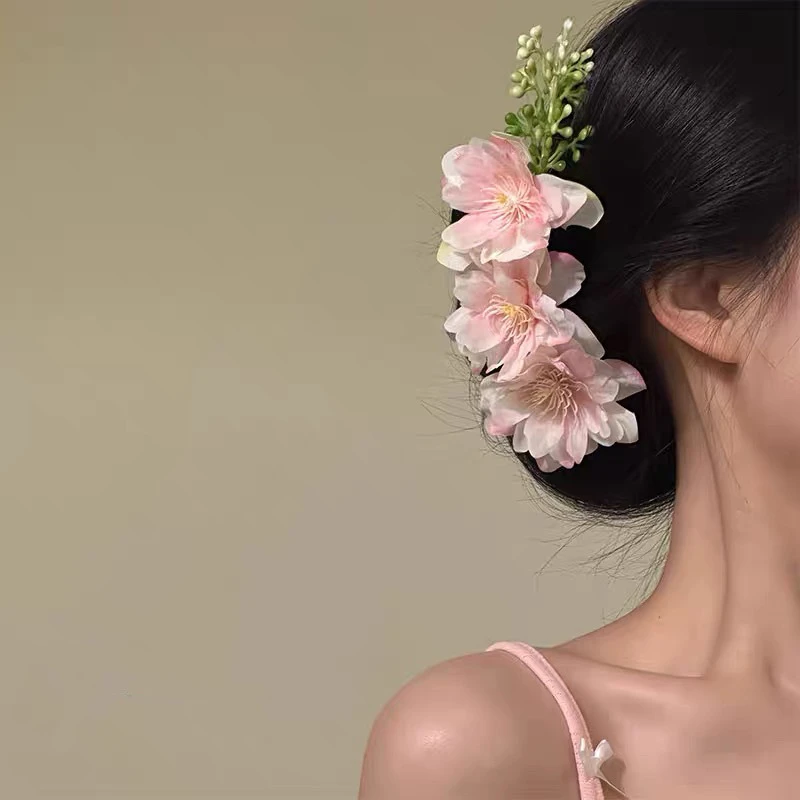 原创【花房少女】春日甜美森系粉色花朵发梳新中式盘发插梳头饰