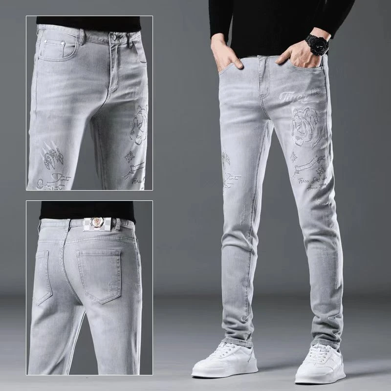 欧版烫钻轻奢浅灰修身显瘦小脚裤男轻奢高端痞帅潮流百搭九分牛仔