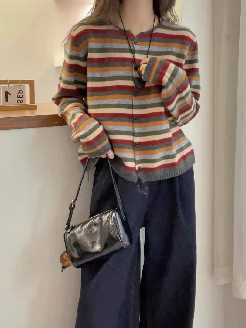 2025新款欧洲站卷边领宽松上衣洋气女装拼色舒适长袖单排扣针织衫