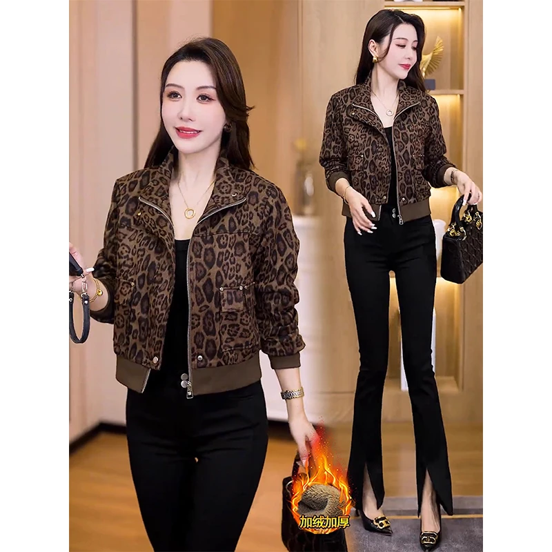 拉夏贝尔时尚豹纹加绒短外套女2025秋冬新款休闲小个子夹克上衣潮