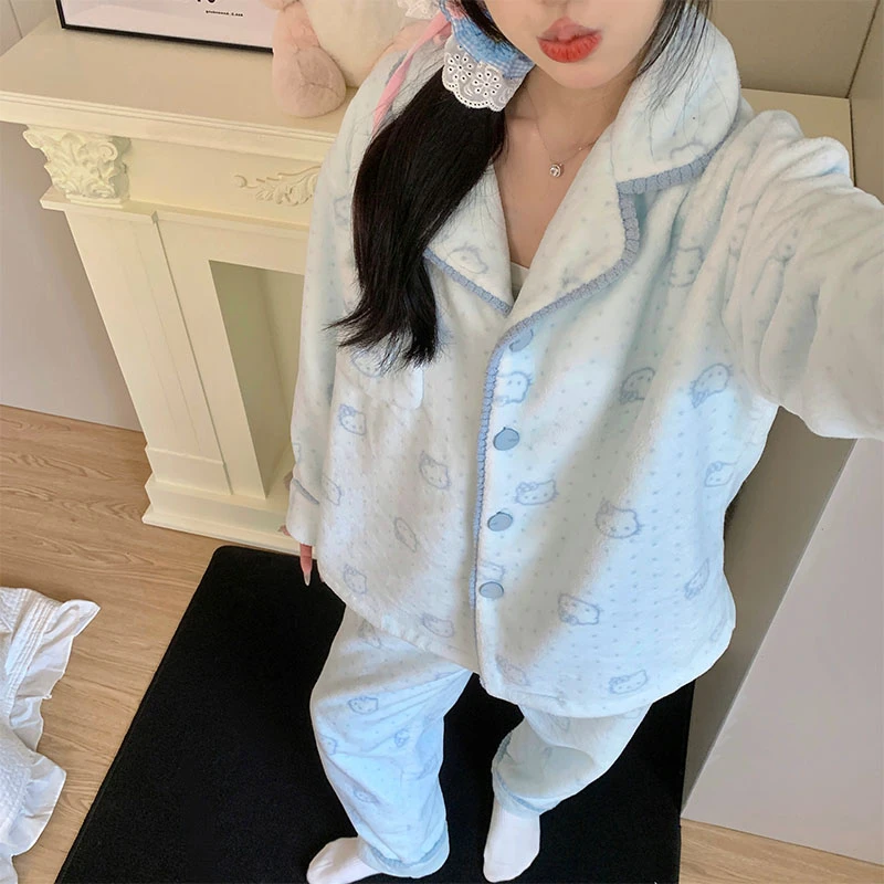 睡衣女款秋冬季珊瑚绒加厚2025新款蓝色kitty可外穿法兰绒家居服