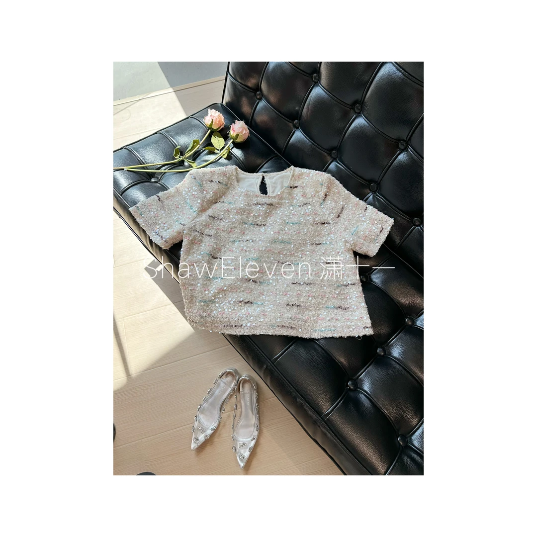 【将军工厂店】2025年夏季新款蕾丝圆领短袖亮片彩虹上衣88401