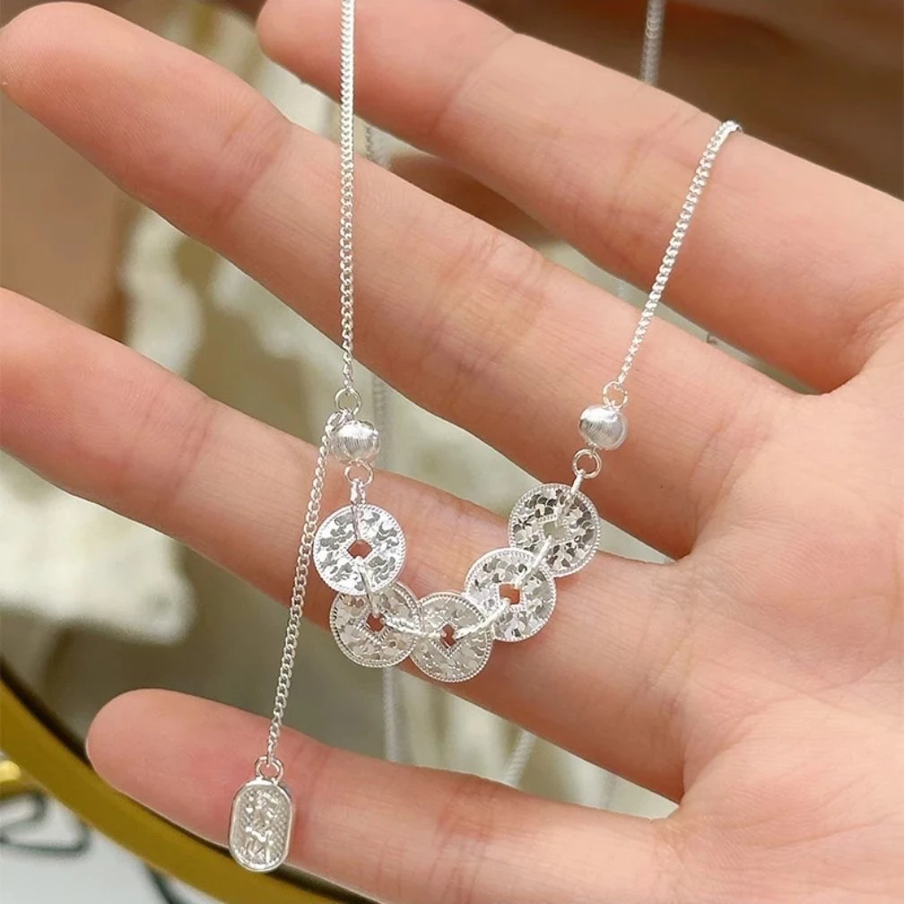 坠链均足银 足银碎冰冰五帝钱项链