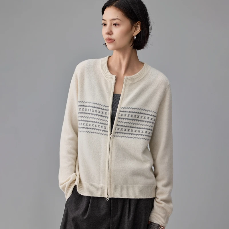 【干净好搭】100纯山羊绒衫女圆领加厚棒球服纯羊绒针织拉链外套