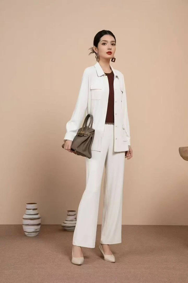 声雨竹1R423秋季新品工装风休闲衬衫领多口袋上衣白色薄外套通勤