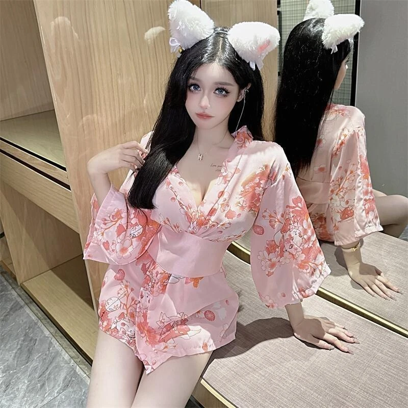 法式薄款睡袍套装性感家居服夏季短袖韩版显瘦甜美和服浴袍