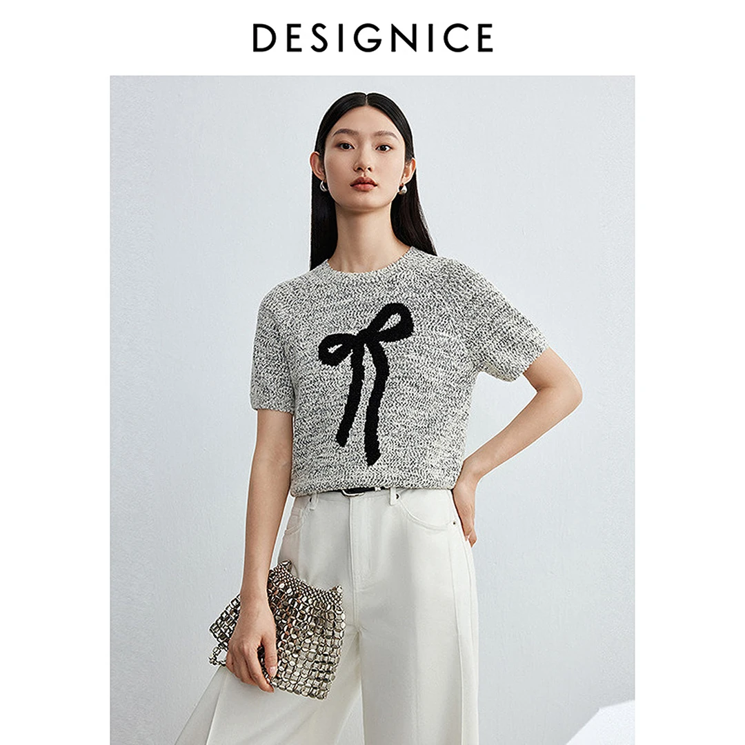 迪赛尼斯2025春新款miu系气质蝴蝶结上衣短袖毛针织衫