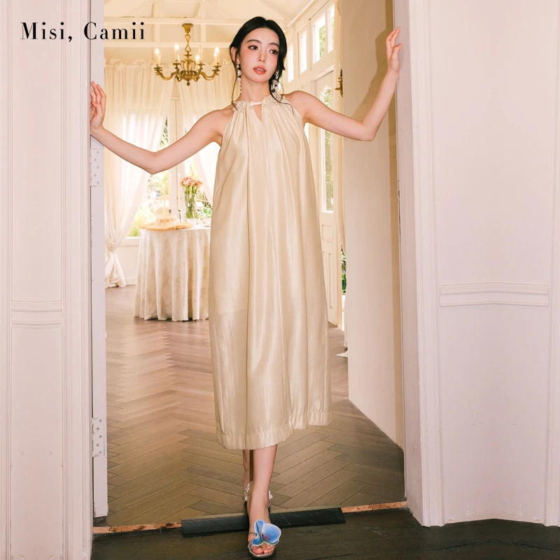 Misi,Camii【达人专属】复古春夏新款珠饰挂脖宽松长款连衣裙名媛风