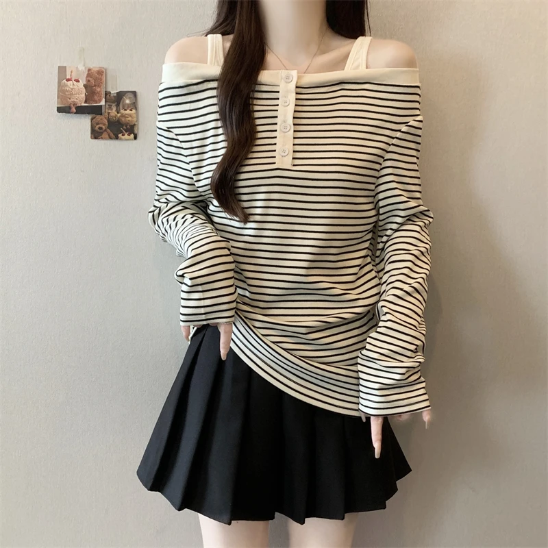 设计感独特露肩条纹T恤秋季2025新款大码胖mm遮肉长袖长底衫上衣