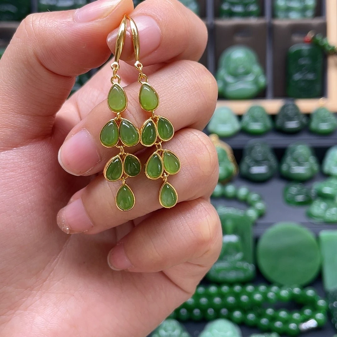 和田玉耳钩银S925镶嵌