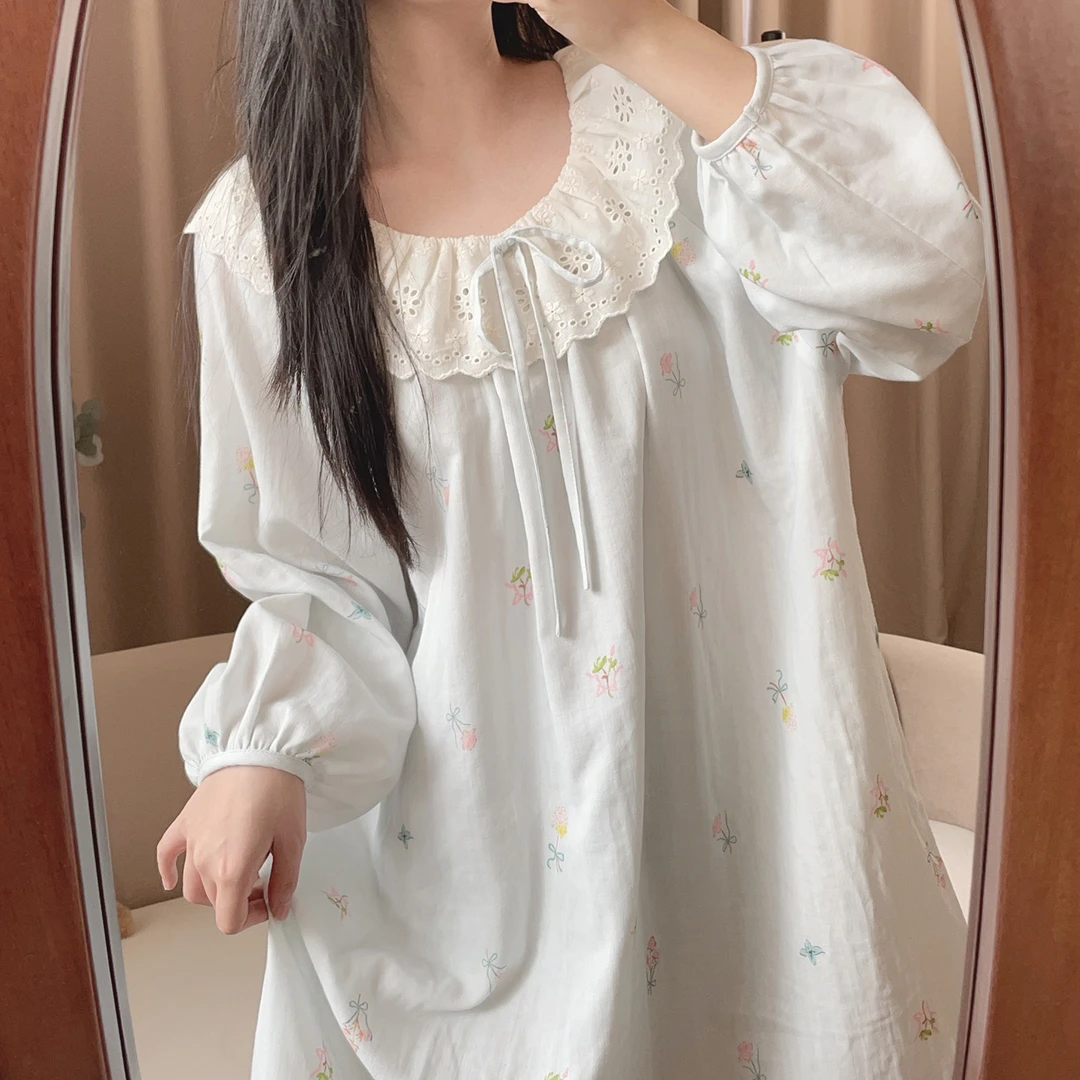 【6048蓝色】中长裙甜美纯棉春秋外穿公主家居服睡裙宽松长袖