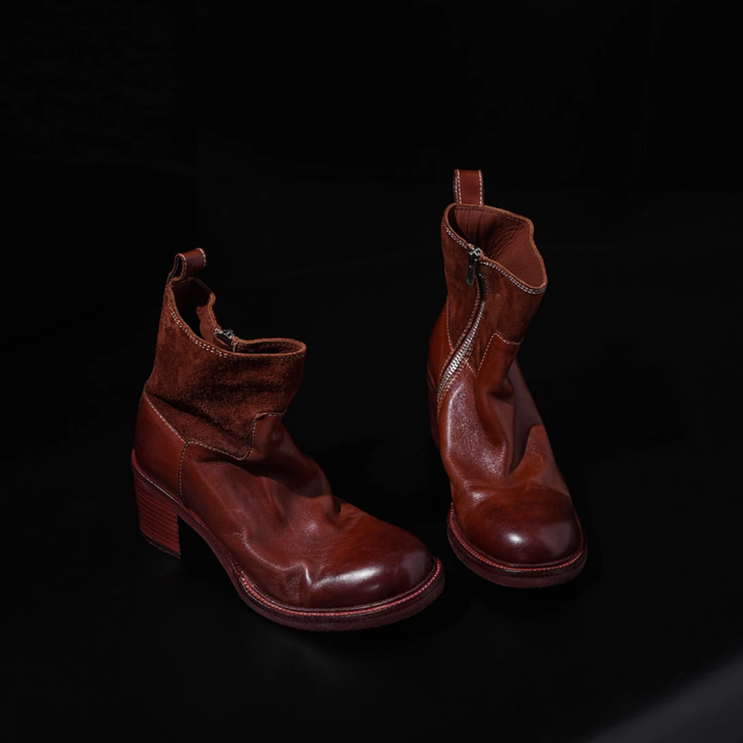 英伦风真皮粗跟切尔西短靴女2025秋冬新款圆头复古做旧软皮马丁靴