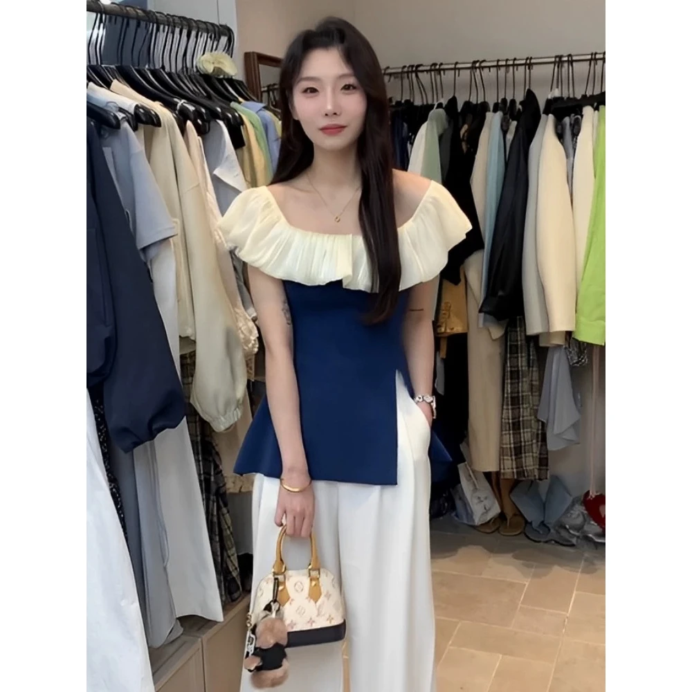 法式一字肩荷叶边拼接冰丝针织背心女夏外穿修身显瘦露肩开叉