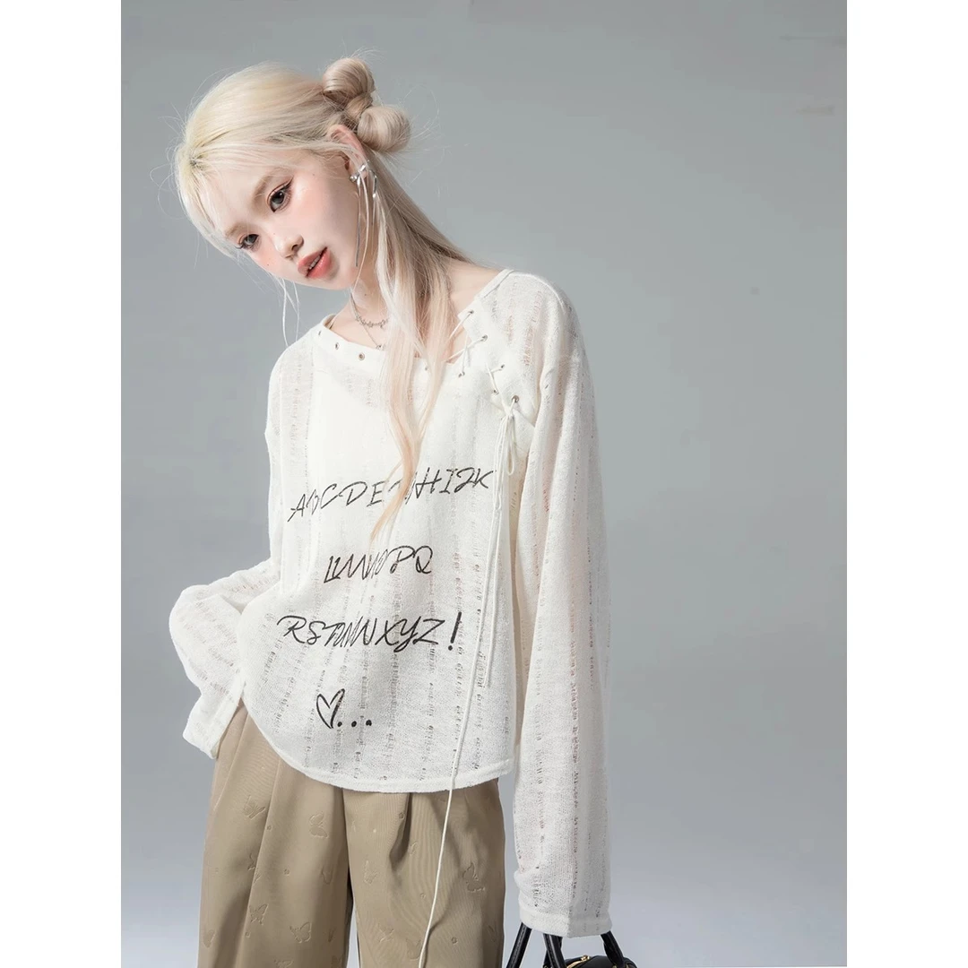 辣妹纯欲绑带印花长袖T恤女夏季薄款不规则防晒罩衫镂空显瘦上衣