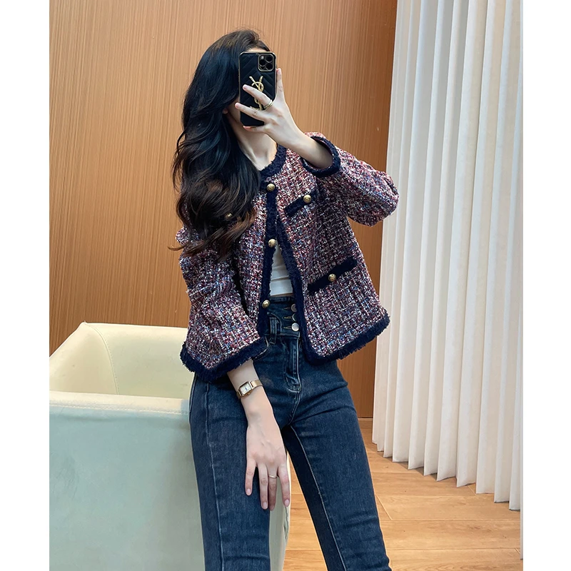 紫色小香风外套2025新款女短款小个子时尚拼接精致加厚羊毛呢大衣