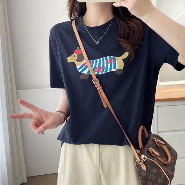 夏季百搭美式复古立体印花卡通腊肠小狗宽松显瘦短袖打底衫T恤女