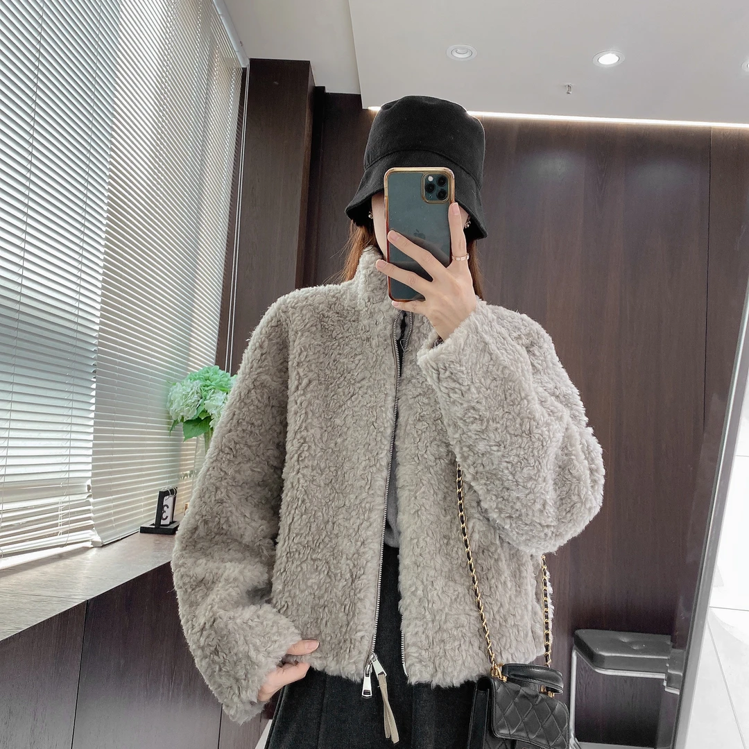 IMFLY金小金自制 绵羊毛外套DYW8192羊羔毛拉链立领短上衣女冬季