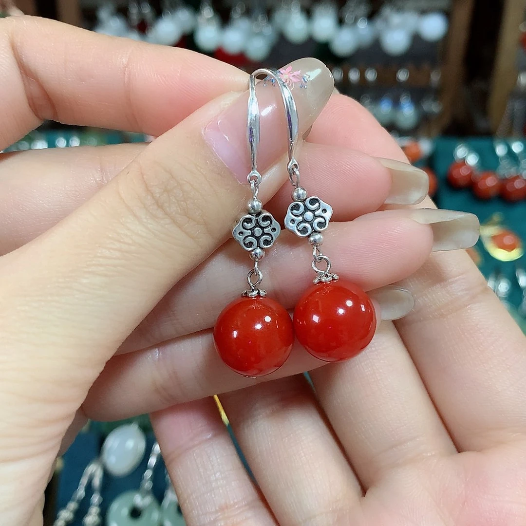 玛瑙/玉髓耳饰银S925镶嵌天然红玛瑙12mm左右（锦红）