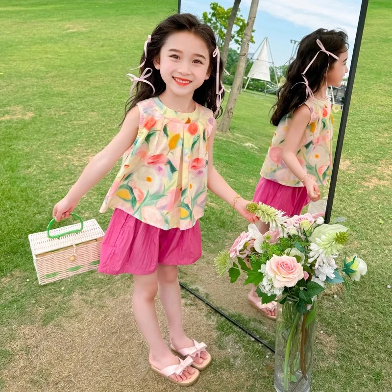 女童套装夏季2025新款洋气时髦小女孩宝宝韩范两件套儿童夏装短裤