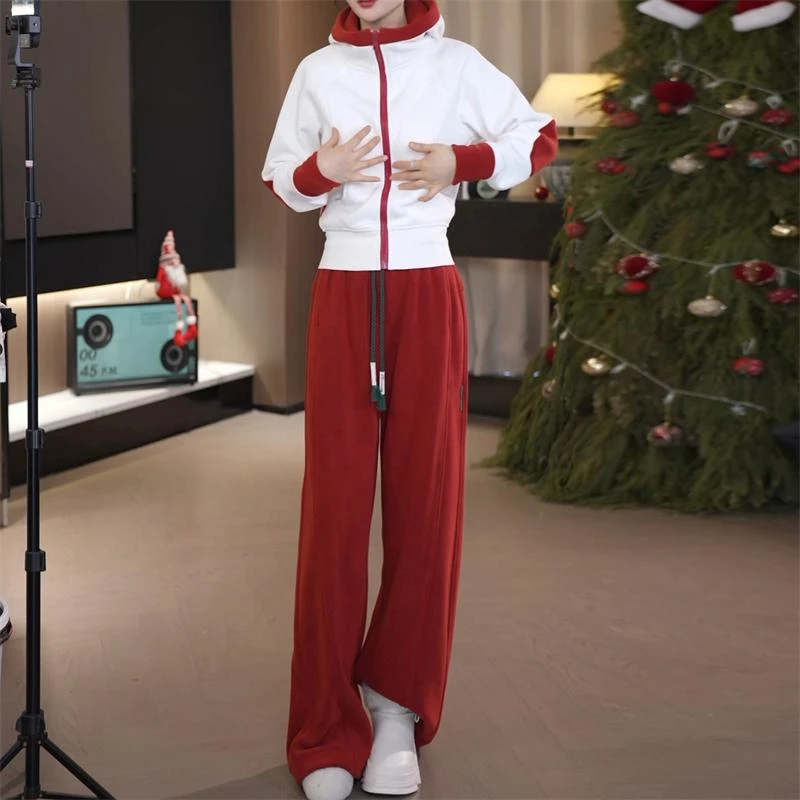 慵懒风休闲套装女新年氛围感连帽长袖卫衣外套高腰直筒裤两件套潮