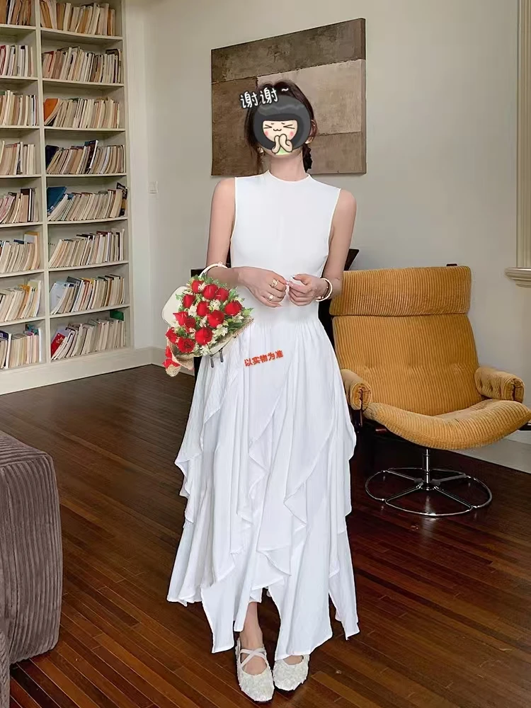 连衣裙显瘦气质白色时尚夏季不规则无袖设计师小众法式纯色9090