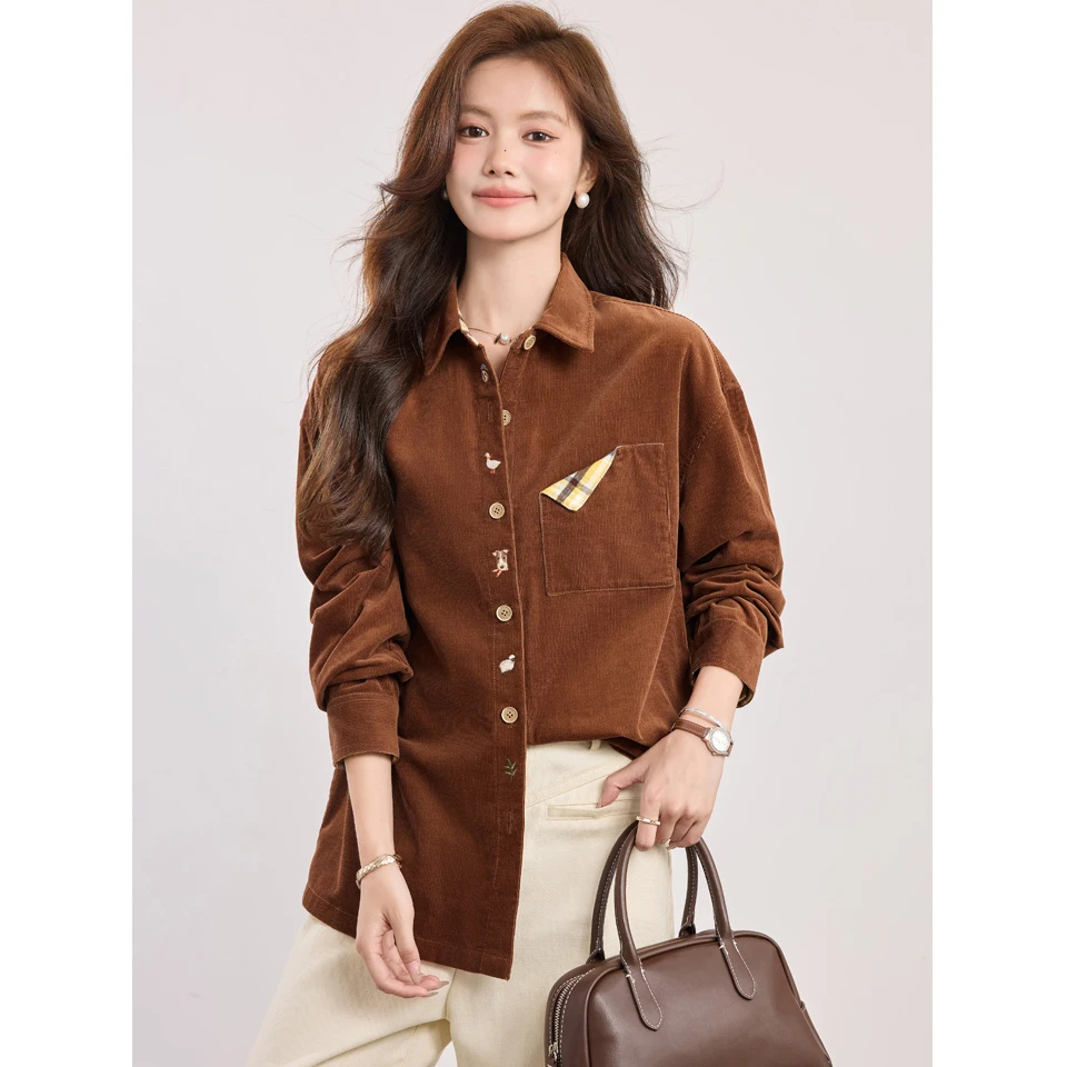 2025春秋装新款时尚复古灯芯绒衬衫女气质百搭衬衣设计感宽松外套