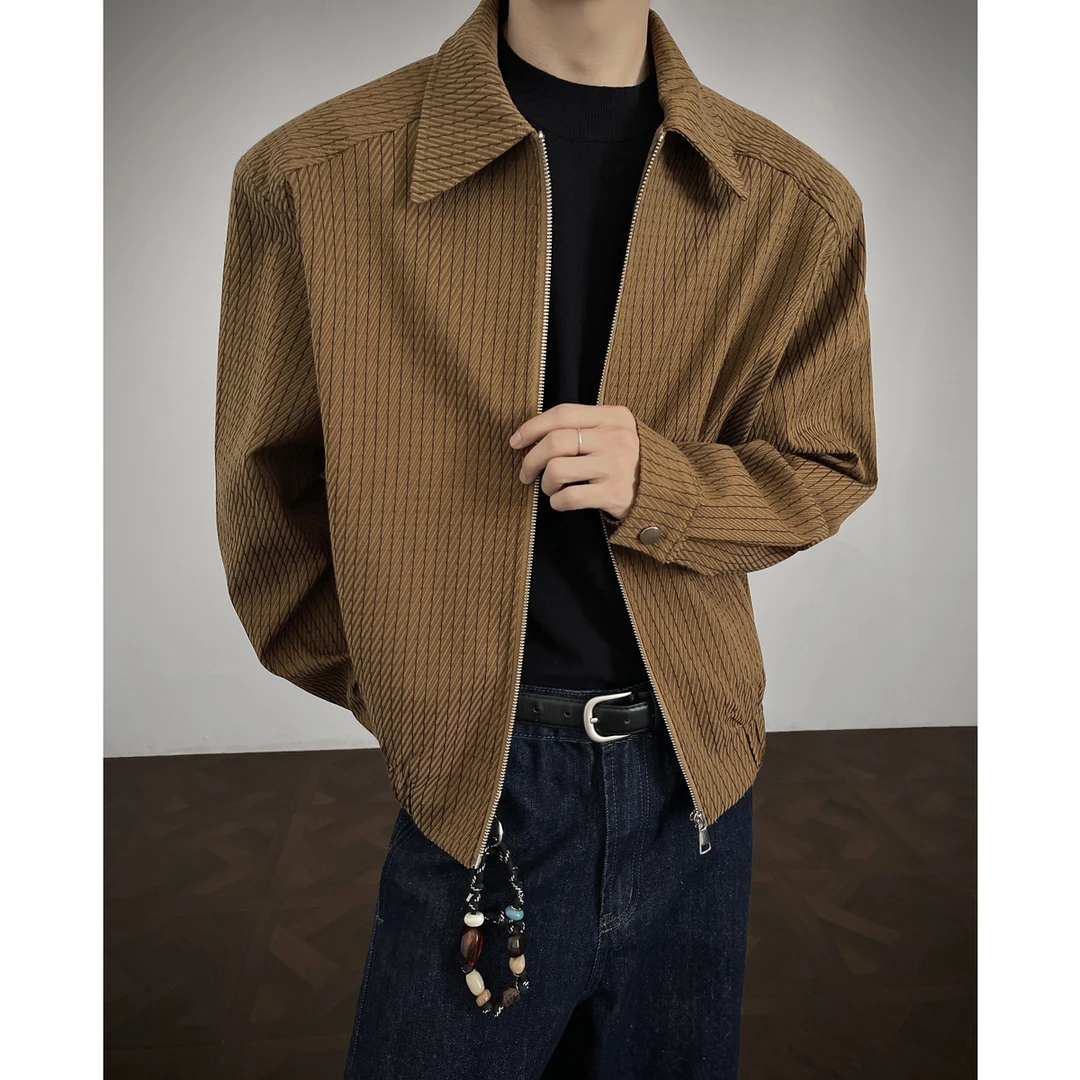 老钱风复古琥珀色夹克男款春秋小众格子设计感上衣美式高级感外套