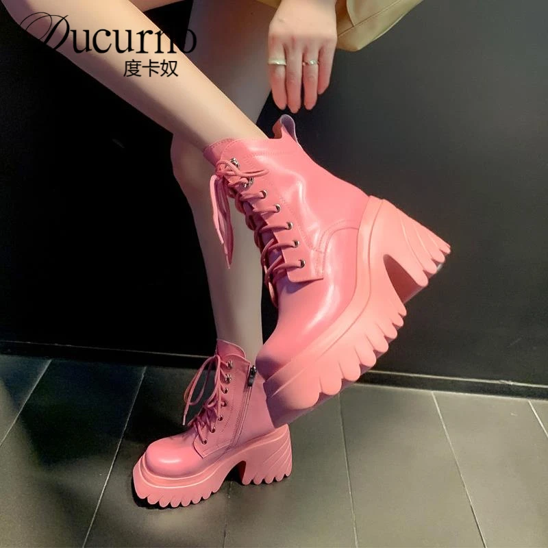 超高跟小个子增高短靴女2025新款防水台真皮马丁靴松糕厚底骑士靴