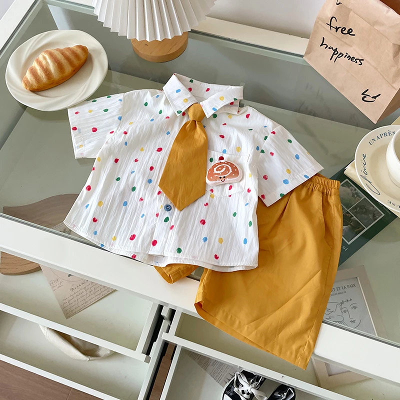 【彩虹瑞士卷】XT253002橘止皮25夏男童彩色波点短袖衬衫套装三件套