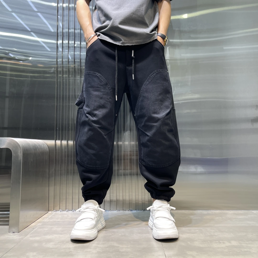 秋冬新款拼接男士束脚休闲裤宽松百搭重工水洗工装风潮流哈伦裤男