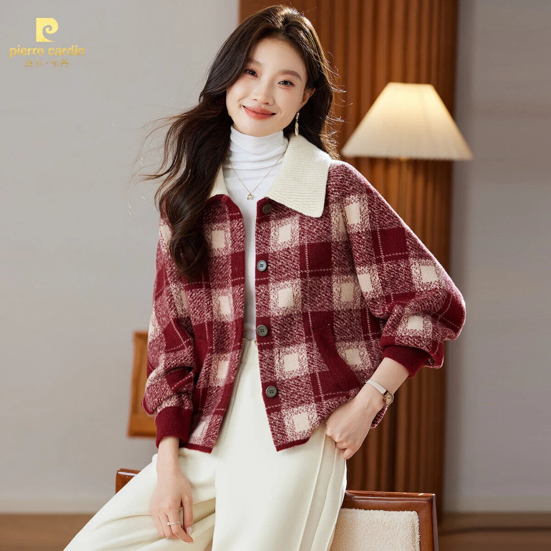 皮尔卡丹秋冬女款小香风格子短款毛呢外套复古翻领加厚小个子短上