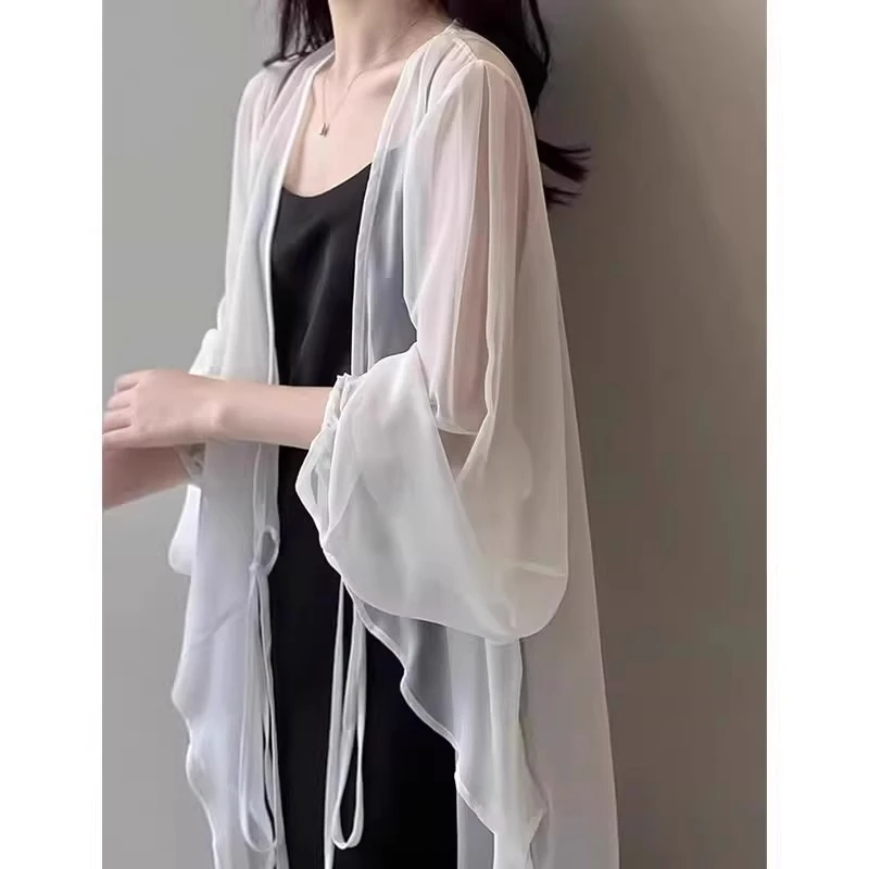 芊芊芙新中式微透薄纱防晒开衫女夏季轻薄透气披肩中长款雪纺上衣