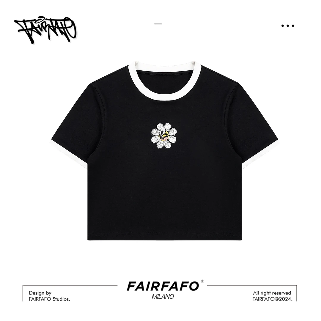 FAIRFAFO林肉肉【拼色花朵短袖】MK24DX105 显瘦 时尚休闲 百搭短袖