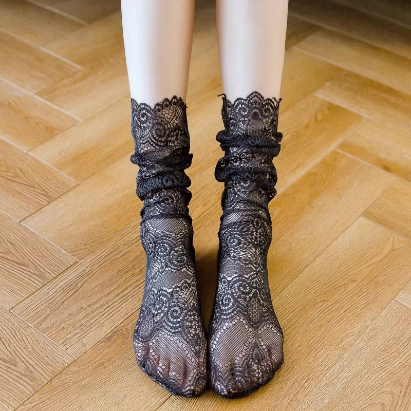 白色堆堆袜子女夏季薄款蕾丝花边中筒袜配小皮鞋黑色ins潮冰冰袜