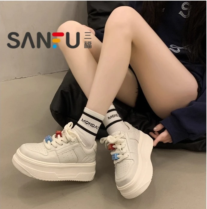 三福厚底增高透气小白鞋女2025秋季新款时尚百搭舒适运动休闲板鞋