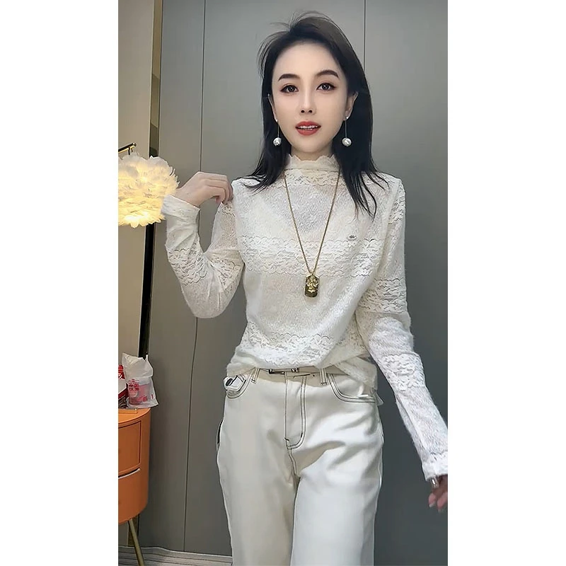 网红植绒半高领长袖蕾丝衫秋冬新款纯欲风时尚百搭蕾丝打底ins
