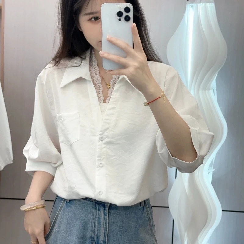 白色蕾丝拼接中袖衬衫女2025夏新款纯色衬衣精致百搭宽松上衣衬衣
