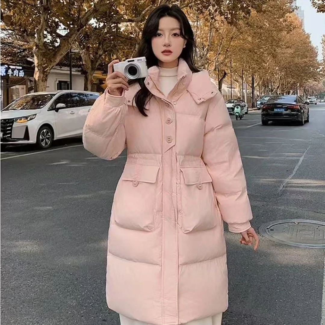 2025新款羽绒服外套女中长款宽松保暖时尚连帽款百搭收腰