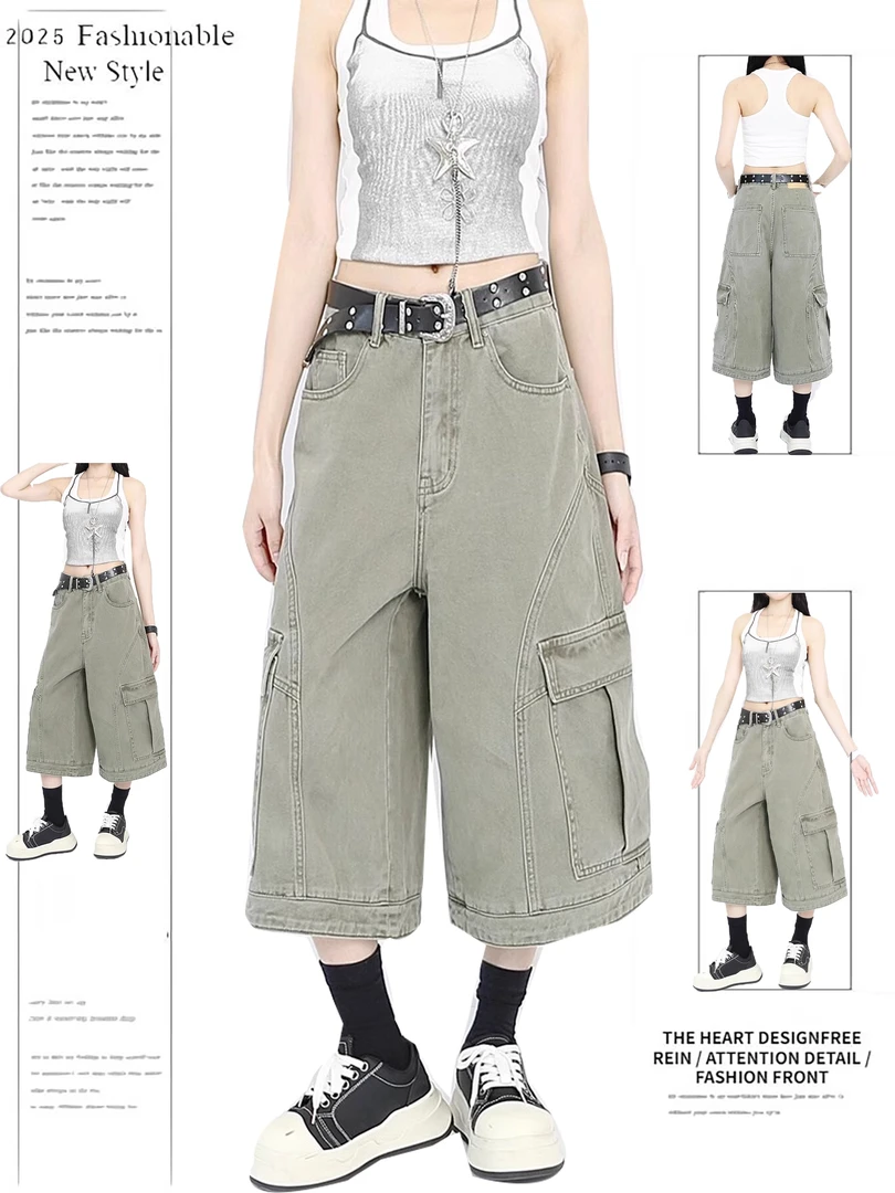 美式设计感宽松潮流复古夏季新款大口袋阔腿工装七分裤女百搭短裤