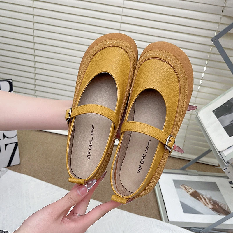 头层单鞋女2025春新款软底森系一脚蹬懒人鞋拼色平底女鞋