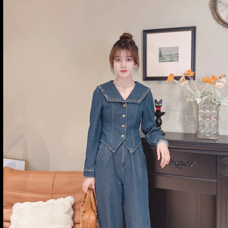 洋气翻领牛仔小衫高腰直筒裤套装时尚两件套牛仔套装SZ1906210