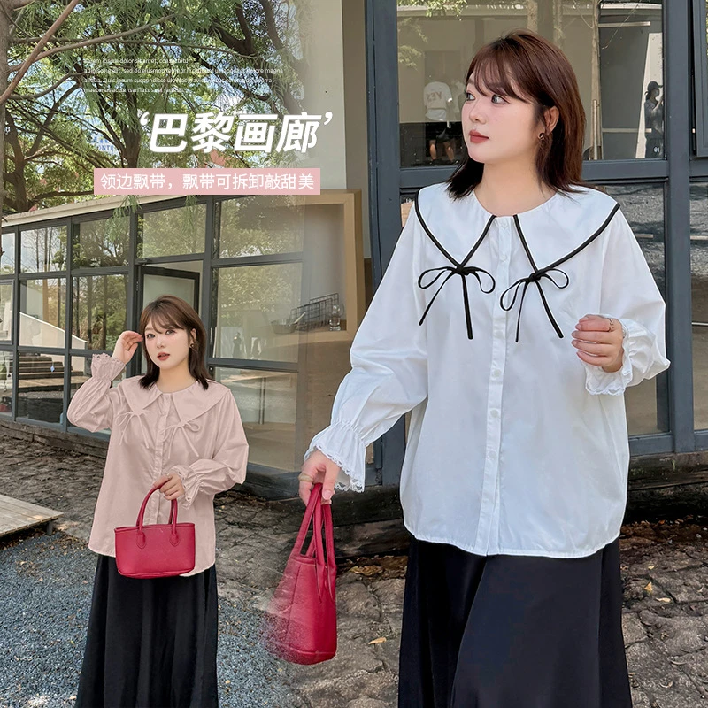 伊诺大码女装法式娃娃领蝴蝶结衬衣2025秋新款减龄百搭上衣313078