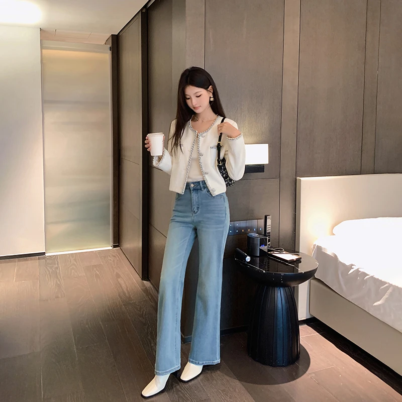 林关关【人鱼裤】棉混高腰显高微喇牛仔裤