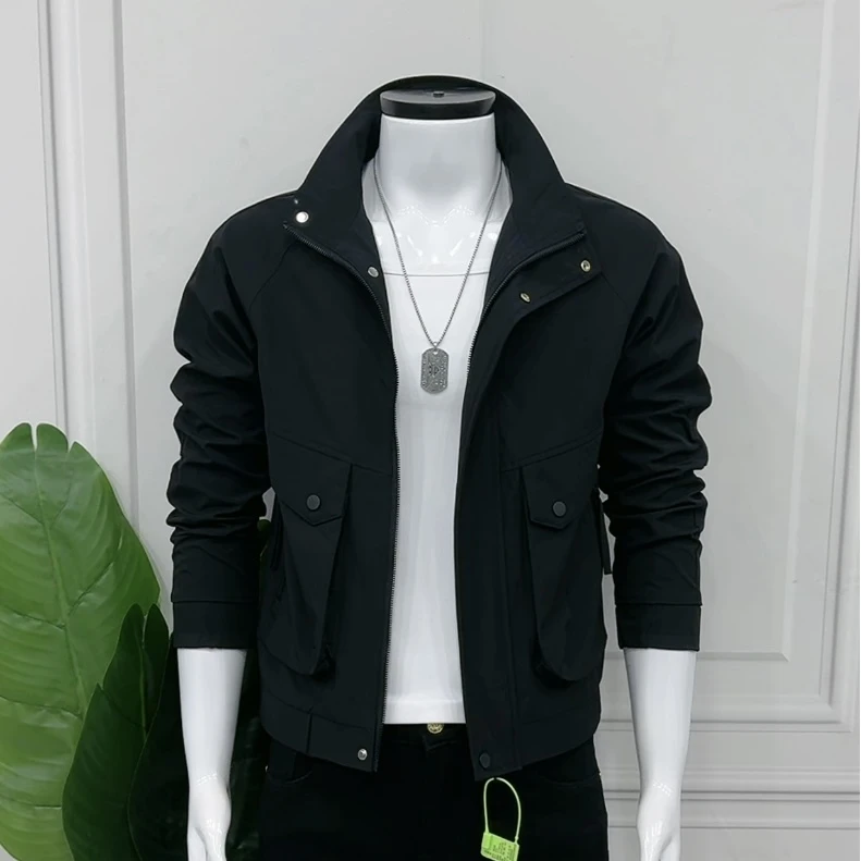 时尚气质潮男穿搭秋季工装口袋夹克拉链立领不起球男修身型问题潮
